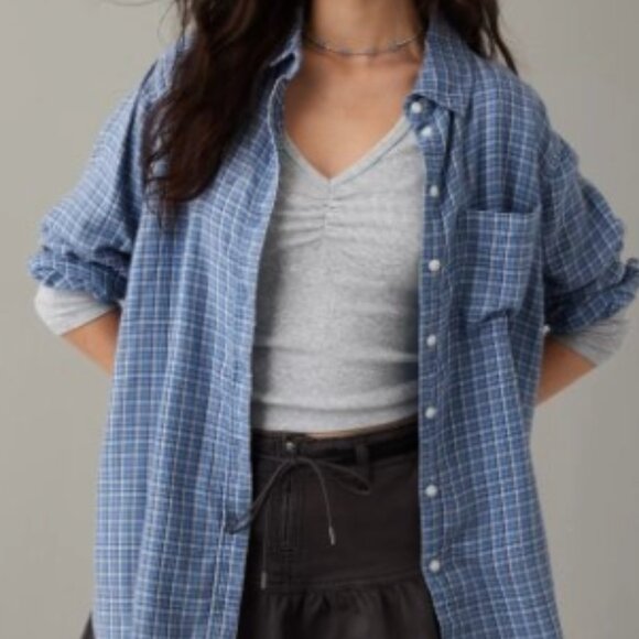 American Eagle Oversized Button Down Flannel, Blue Plaid, Size S - Picture 1 of 7